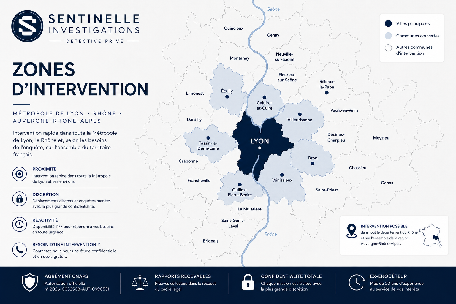 Carte des zones d'intervention détective privé à Lyon - Métropole de Lyon, Rhône, Auvergne-Rhône-Alpes