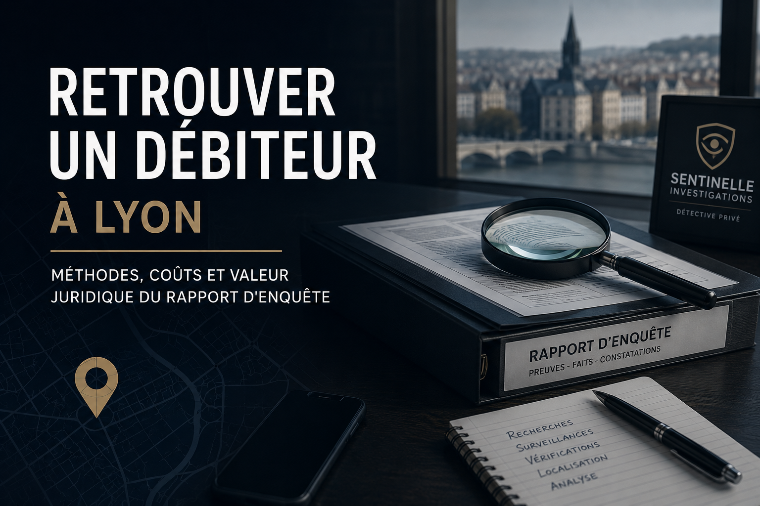 Détective privé à Lyon analysant un dossier pour retrouver un débiteur